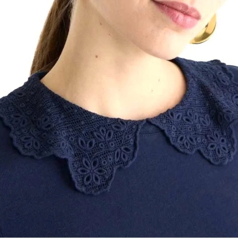 J.Crew Lace Collar Cotton Tee Navy Small